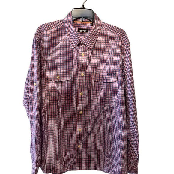 Orvis pink blue white checker puckered fabric52%polyester 48%nylon button pocket - Picture 1 of 5